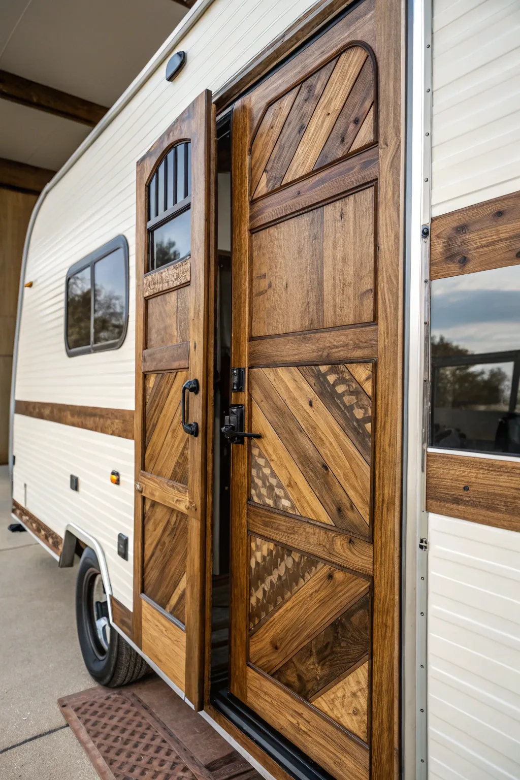Elevate your camper's style with exquisite wood paneling—where rustic charm meets masterful craftsmanship.
