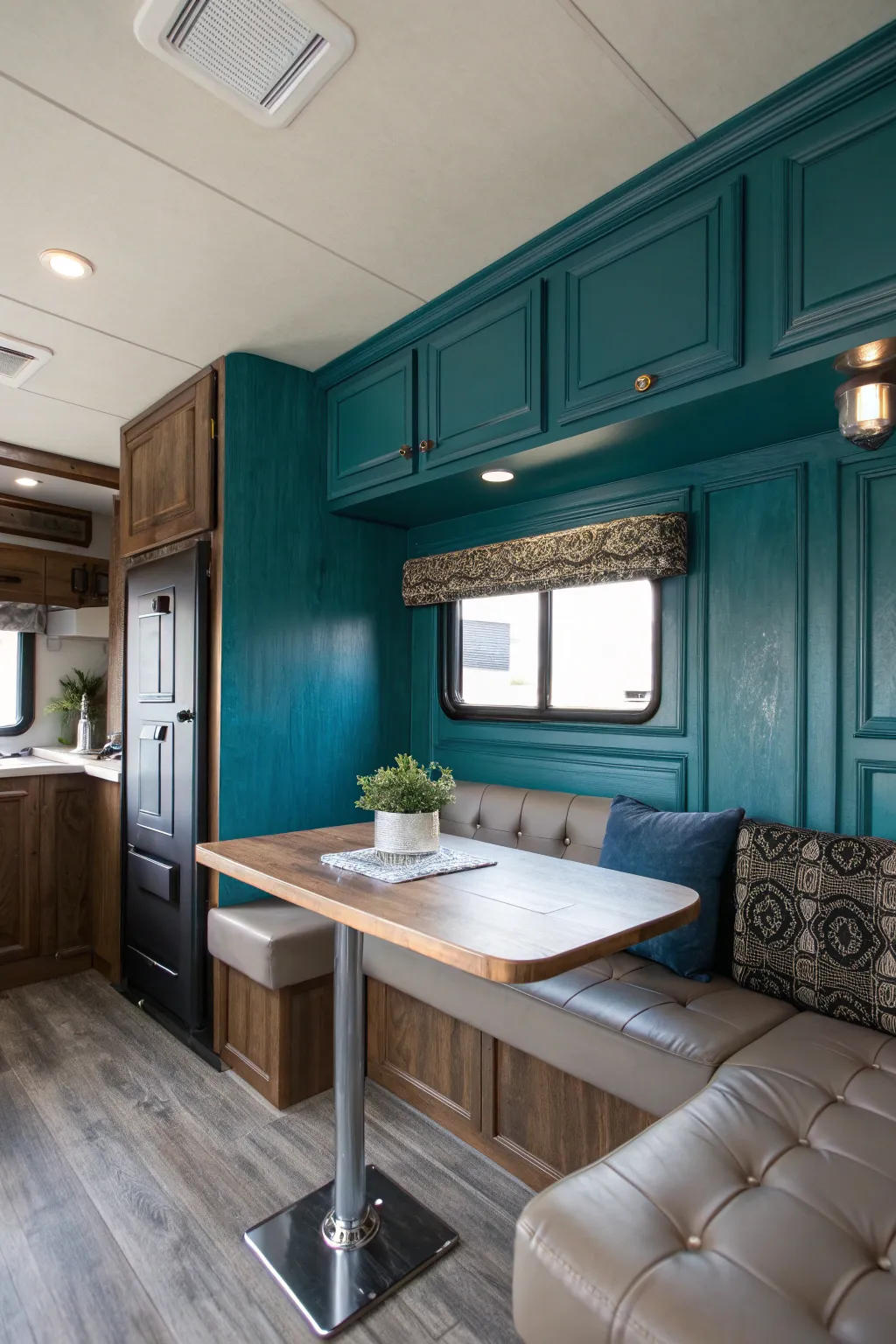 Transform your RV with a bold accent wall - a touch of deep teal adds sophistication and warmth.