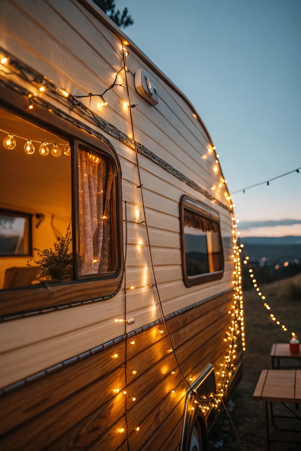 Transform your camper into a cozy retreat with string lights that add a magical touch to your evenings.