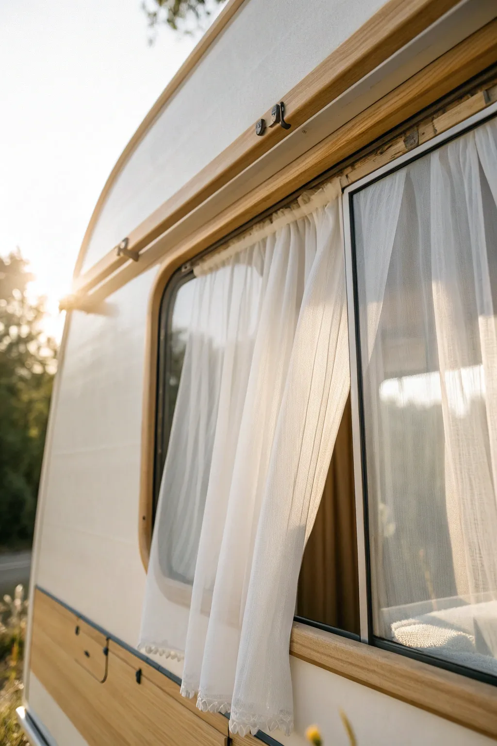 Embrace the elegance of light and airy curtains to transform your camper into a serene retreat.