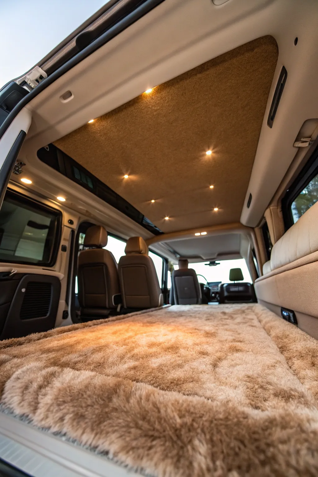 Transform your campervan into a cozy retreat with plush carpet lining for those chilly nights.
