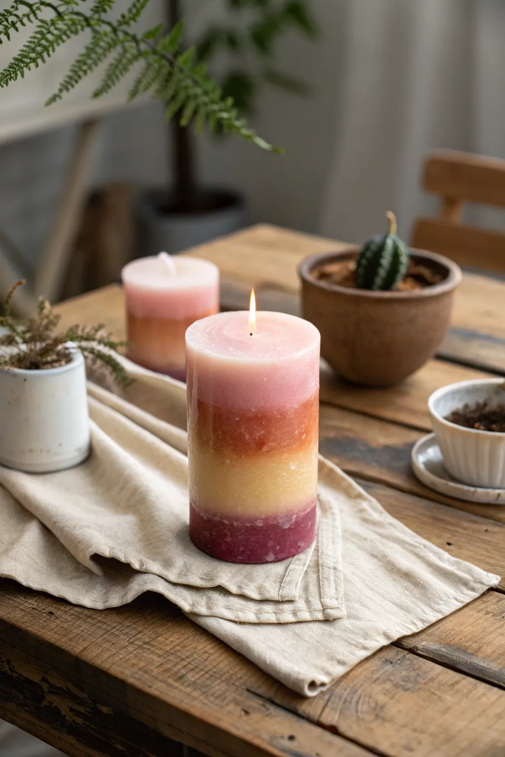 Capture the essence of sunset hues with this ombre candle, a perfect blend of artistry and tranquility.