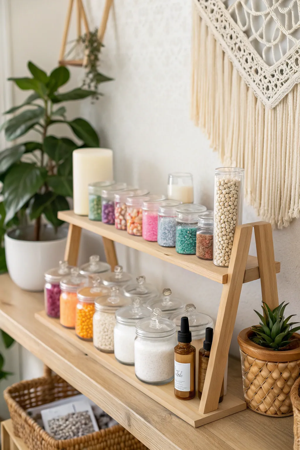 Organize your creativity: Elevate your candle-making space with minimalist elegance and boho charm!