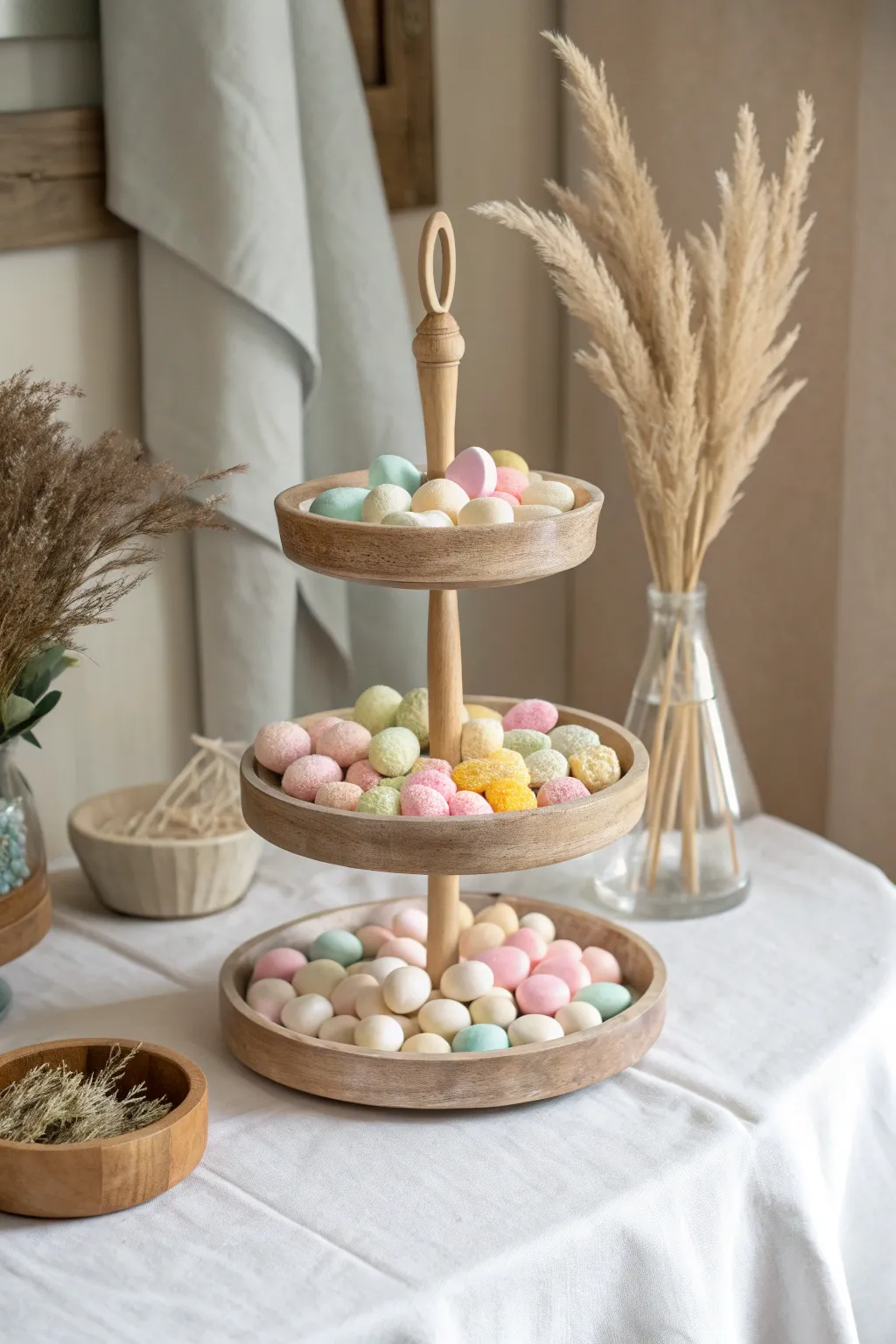 Elevate your candy display with chic tiered stands for a touch of minimalist elegance.