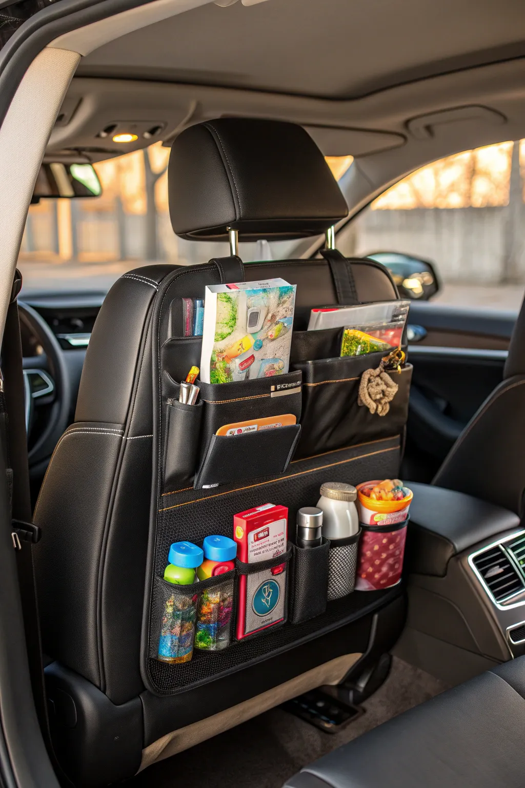 Transform your ride into a haven of order and style with this elegant backseat organizer.