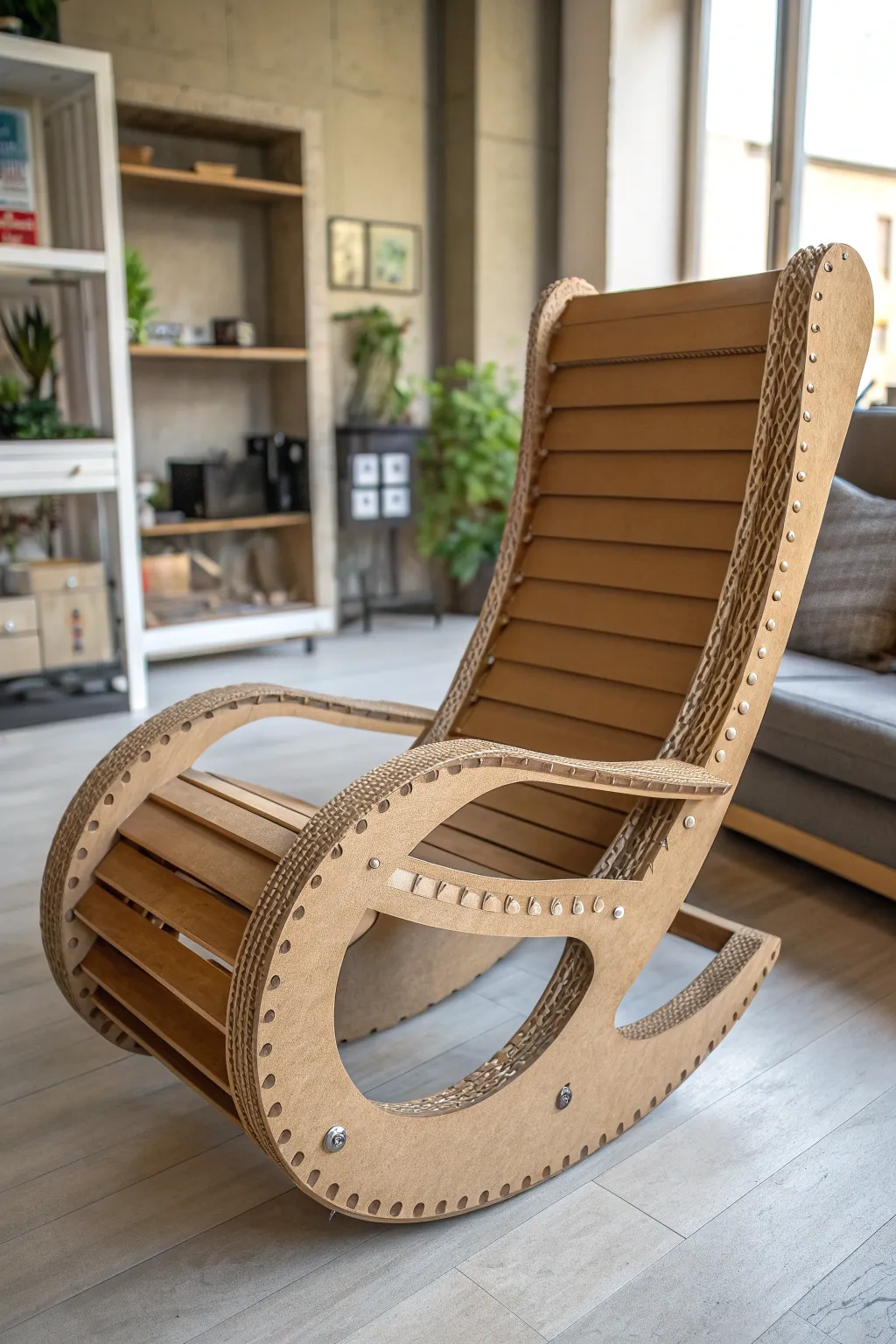 Discover the art of relaxation with a uniquely crafted cardboard rocking chair.