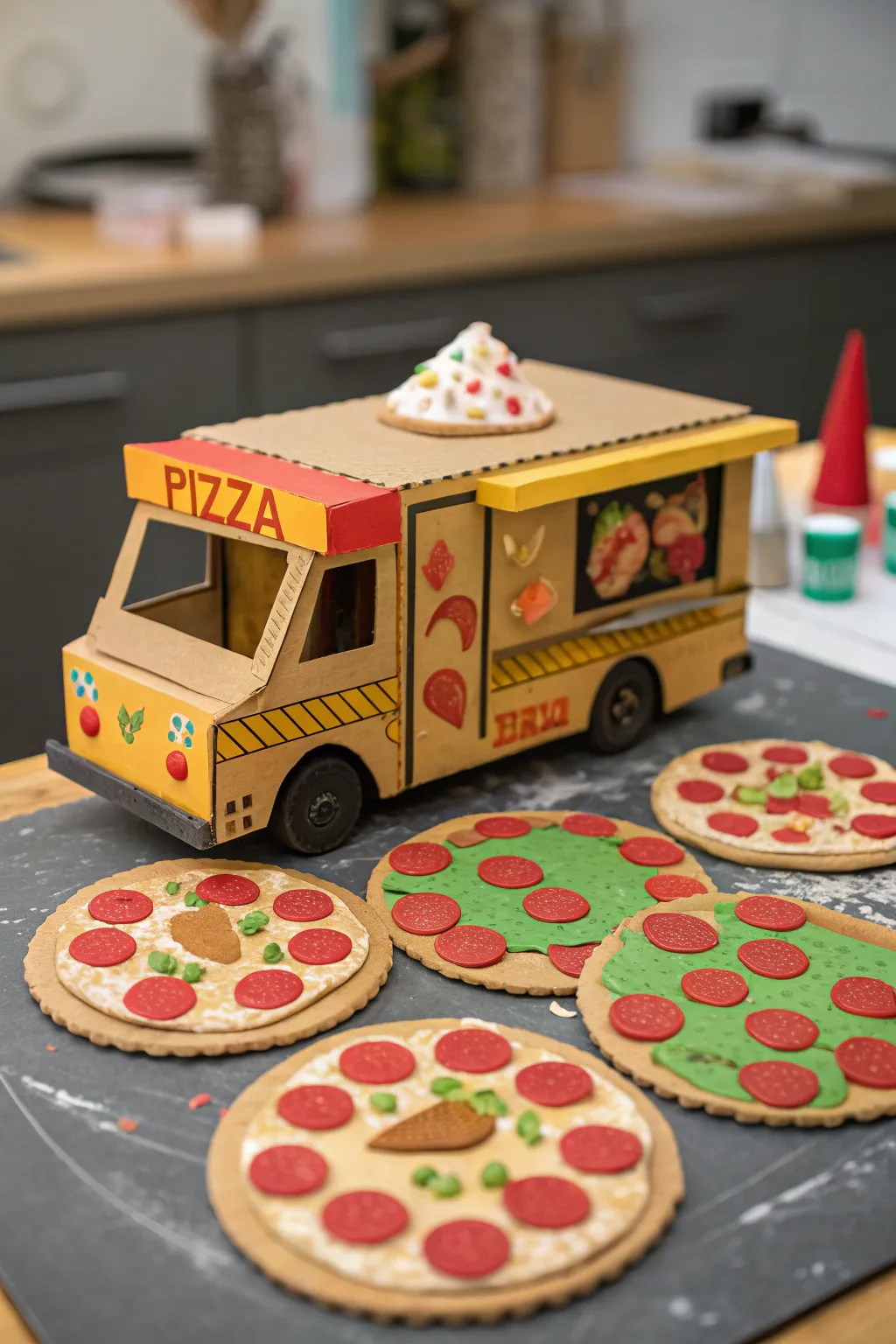 Experience the charm of a handcrafted cardboard pizza parlor on wheels, where every detail speaks of creativity and craftsmanship.