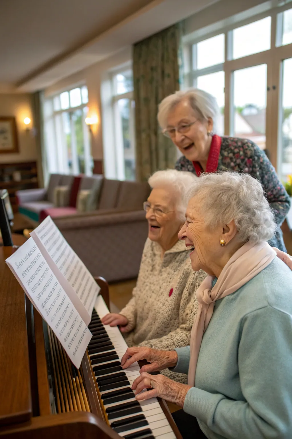 Residents share smiles and nostalgia during a lively sing-along session.