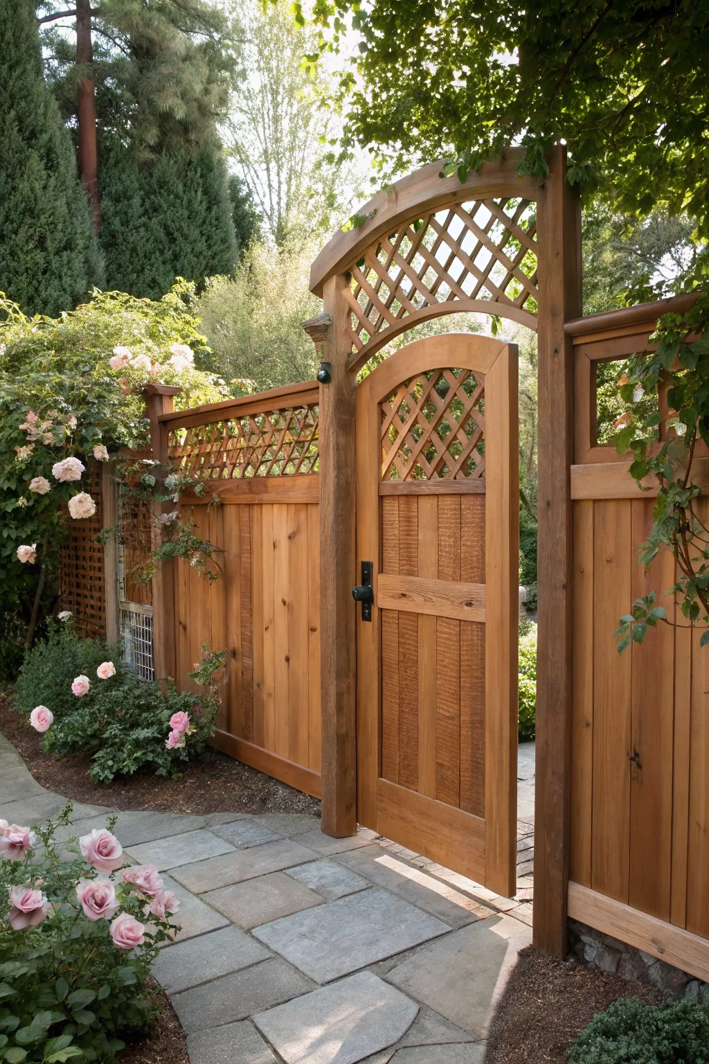 Elevate your garden with a cedar gate featuring a stunning lattice top, perfect for adding charm and letting nature flourish.