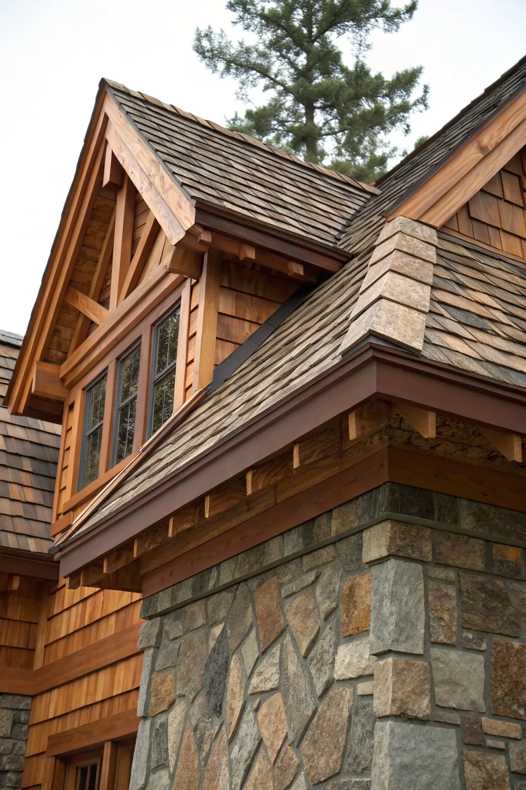 Crafted to Impress: A stunning blend of cedar shakes and stone that elevates any gable.
