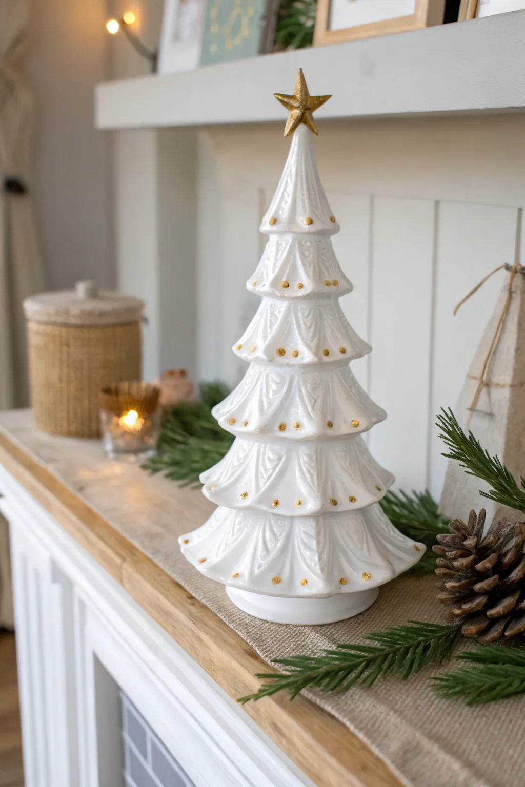 Elevate your holiday decor with a touch of elegance: a white and gold ceramic Christmas tree that captures the light beautifully.