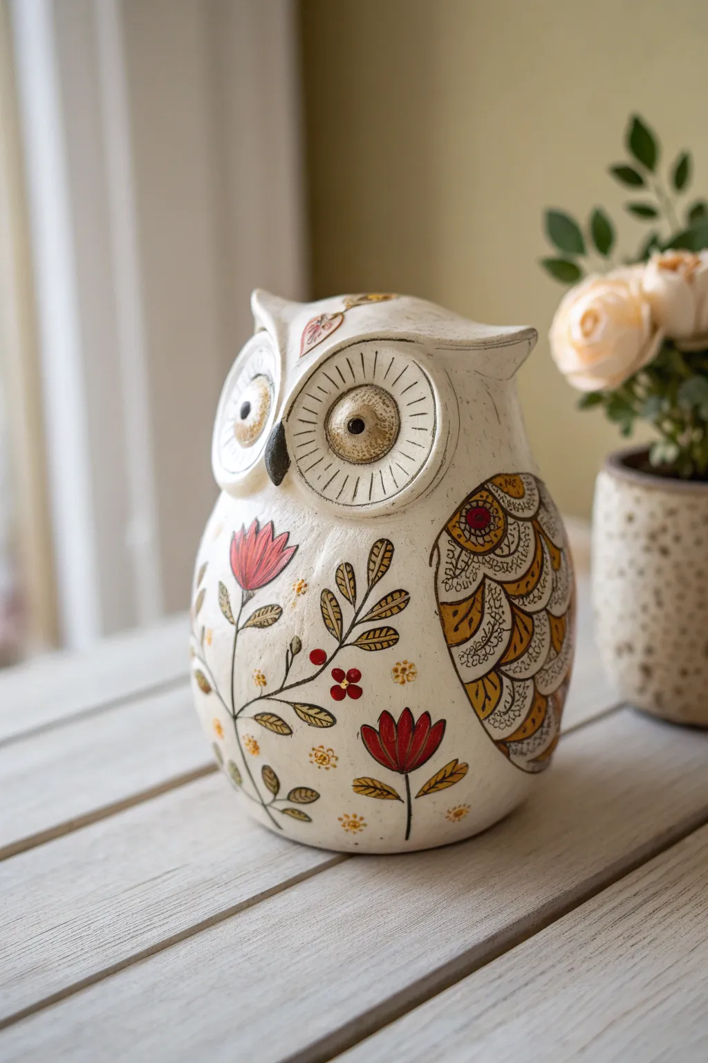 Embrace elegance with floral artistry on your ceramic owl.