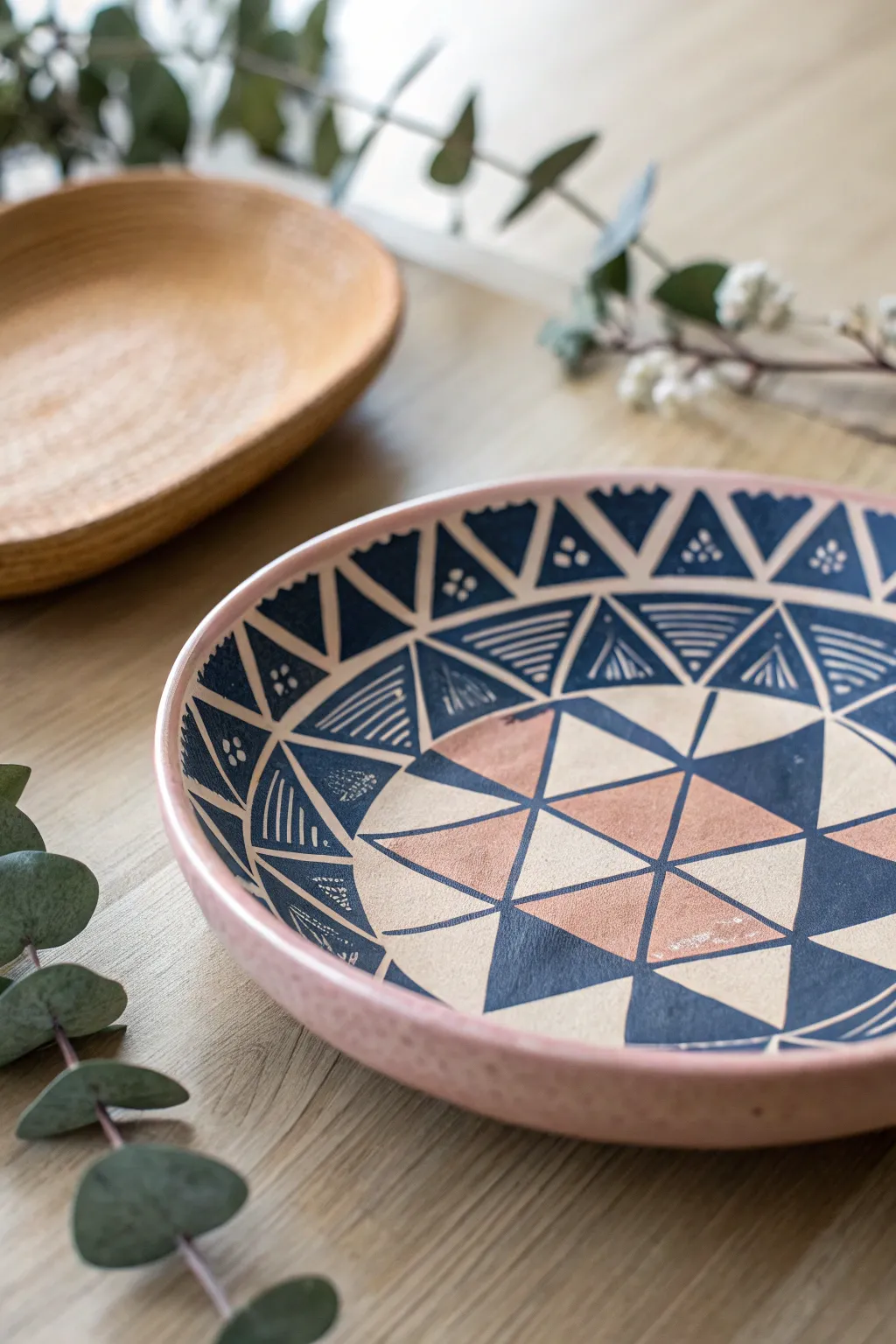 Unleash your creativity with geometric wonders on ceramic plates.