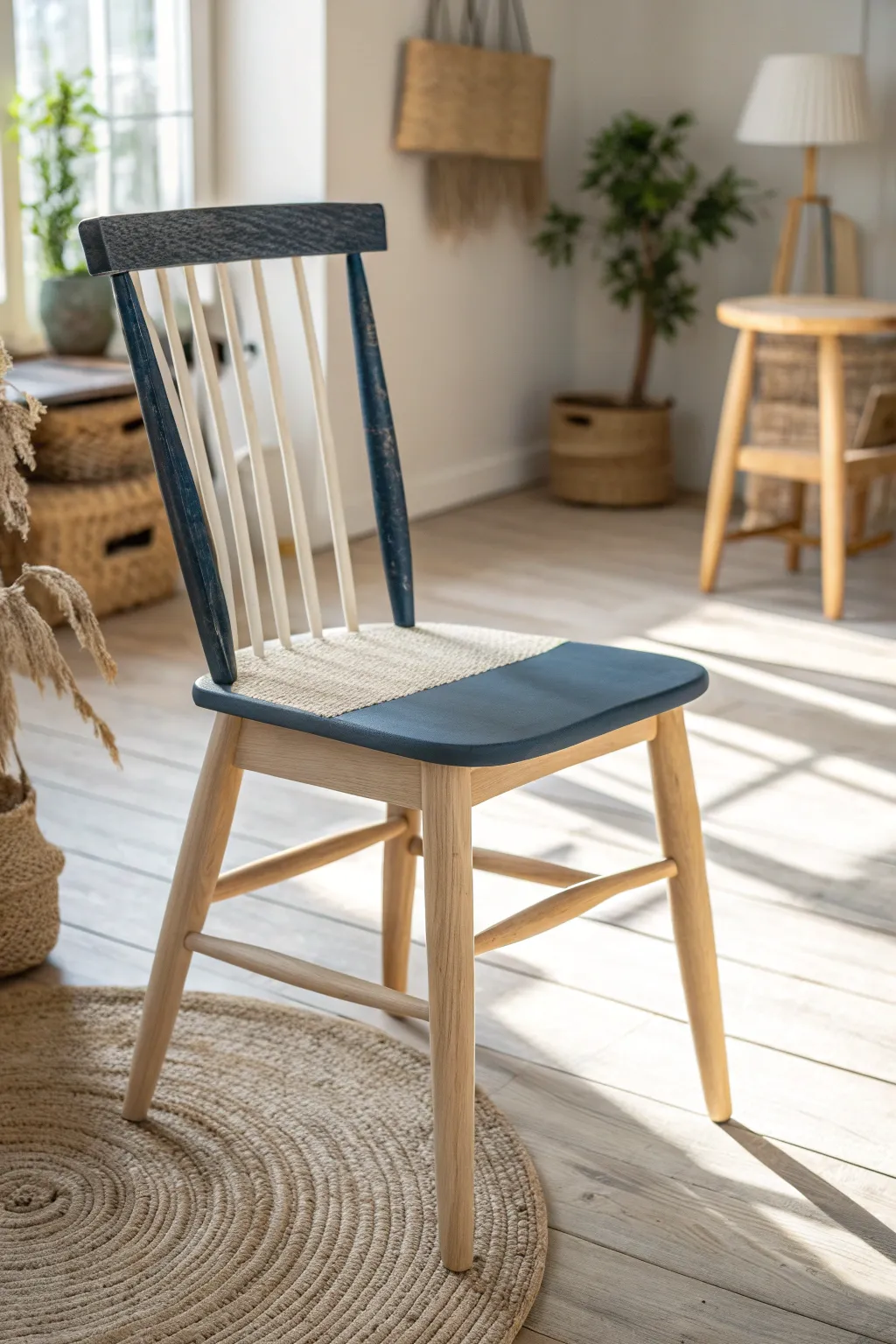 Elevate your space with this stunning navy and cream two-tone chalk paint chair, a perfect blend of minimalist and boho charm.