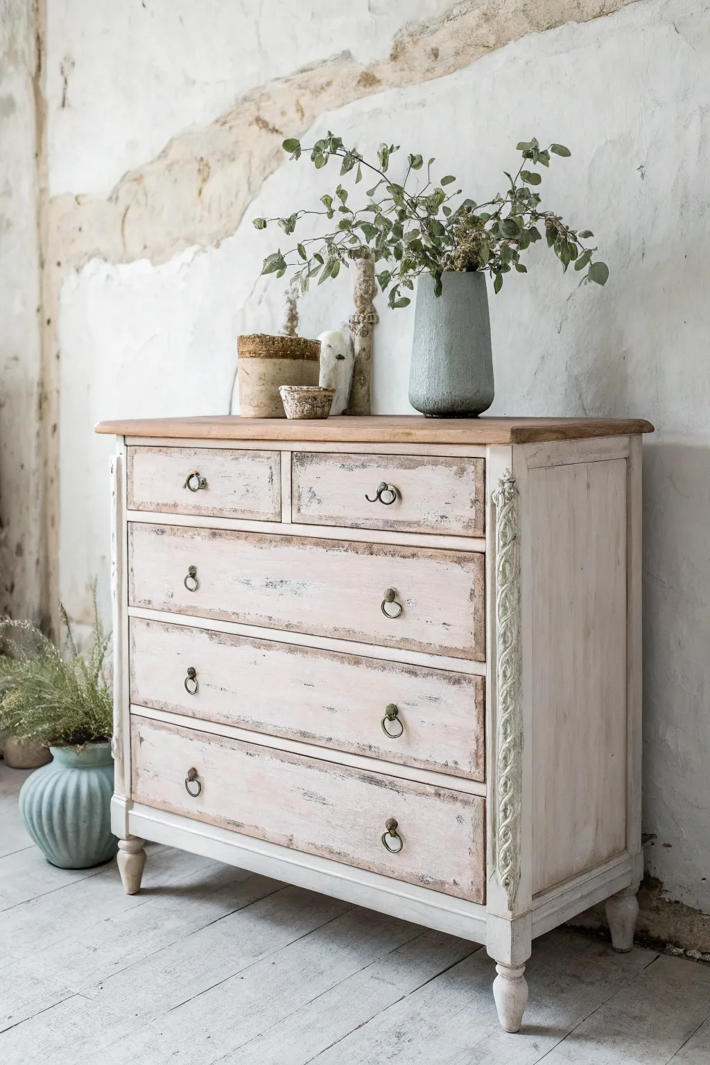 Transform your space with the charming allure of distressed chalk-painted furniture. #ScandinavianChic #BohoTouches