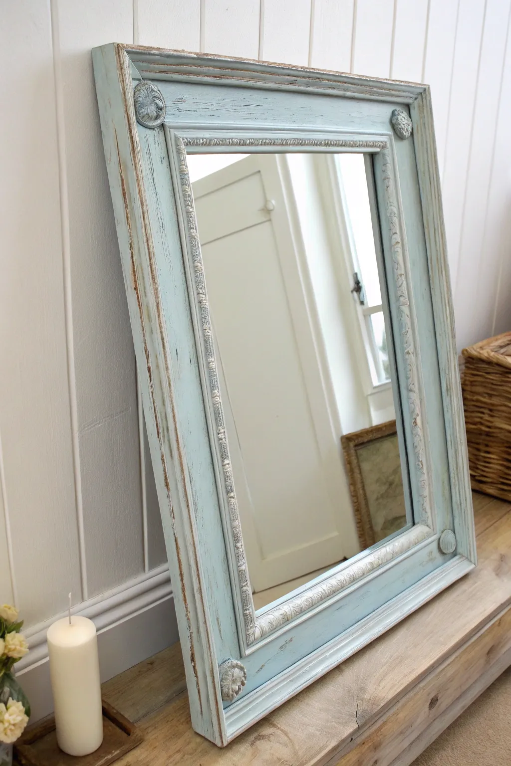 Embrace coastal charm with a serene, beachy mirror frame that whispers of seaside weekends.