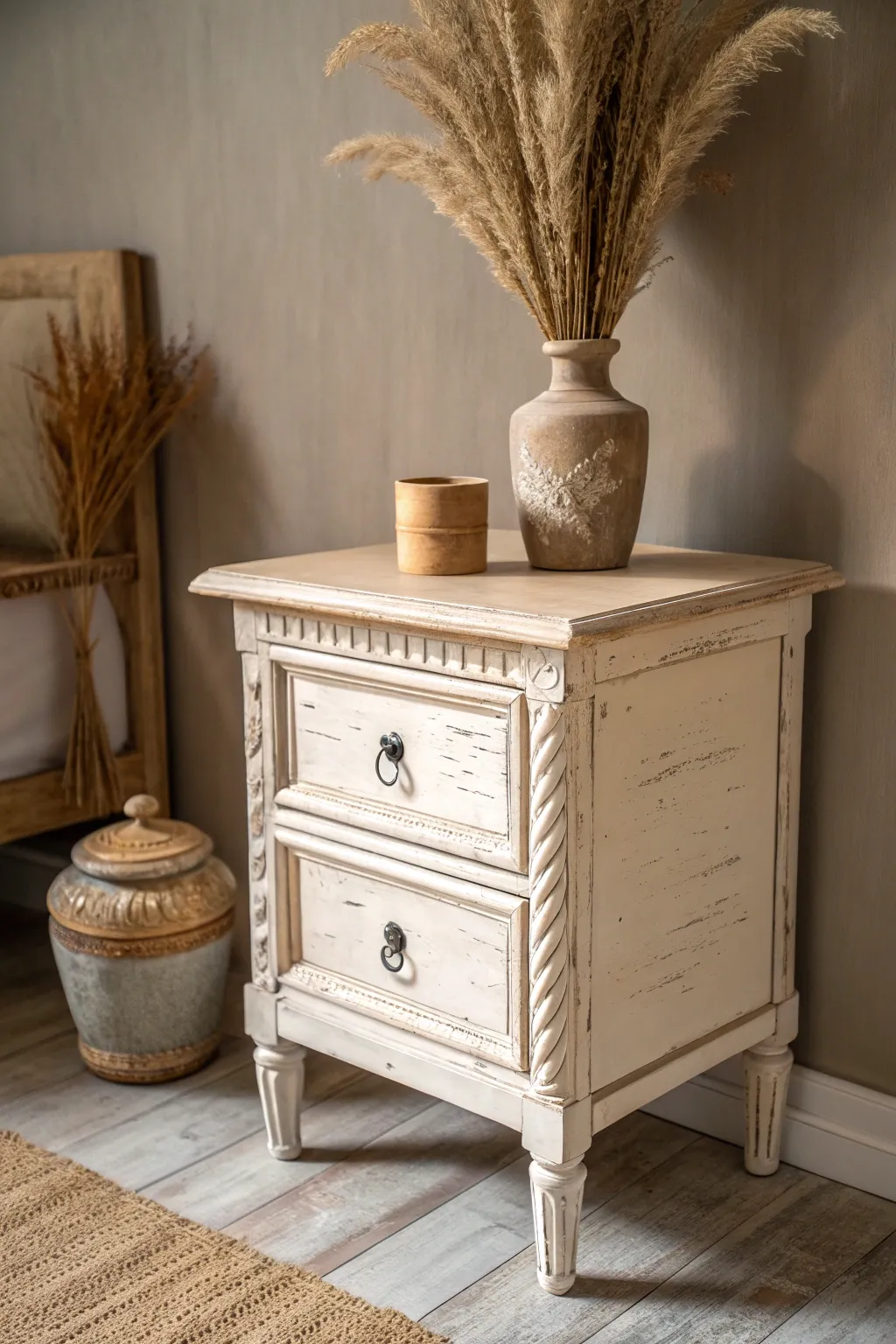 Embrace rustic charm with a distressed chalk-painted nightstand for a cozy, lived-in vibe.