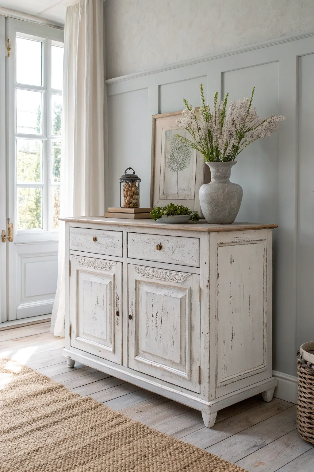 Embrace timeless elegance with a distressed white chalk-painted buffet, perfect for a cozy yet stylish farmhouse vibe.