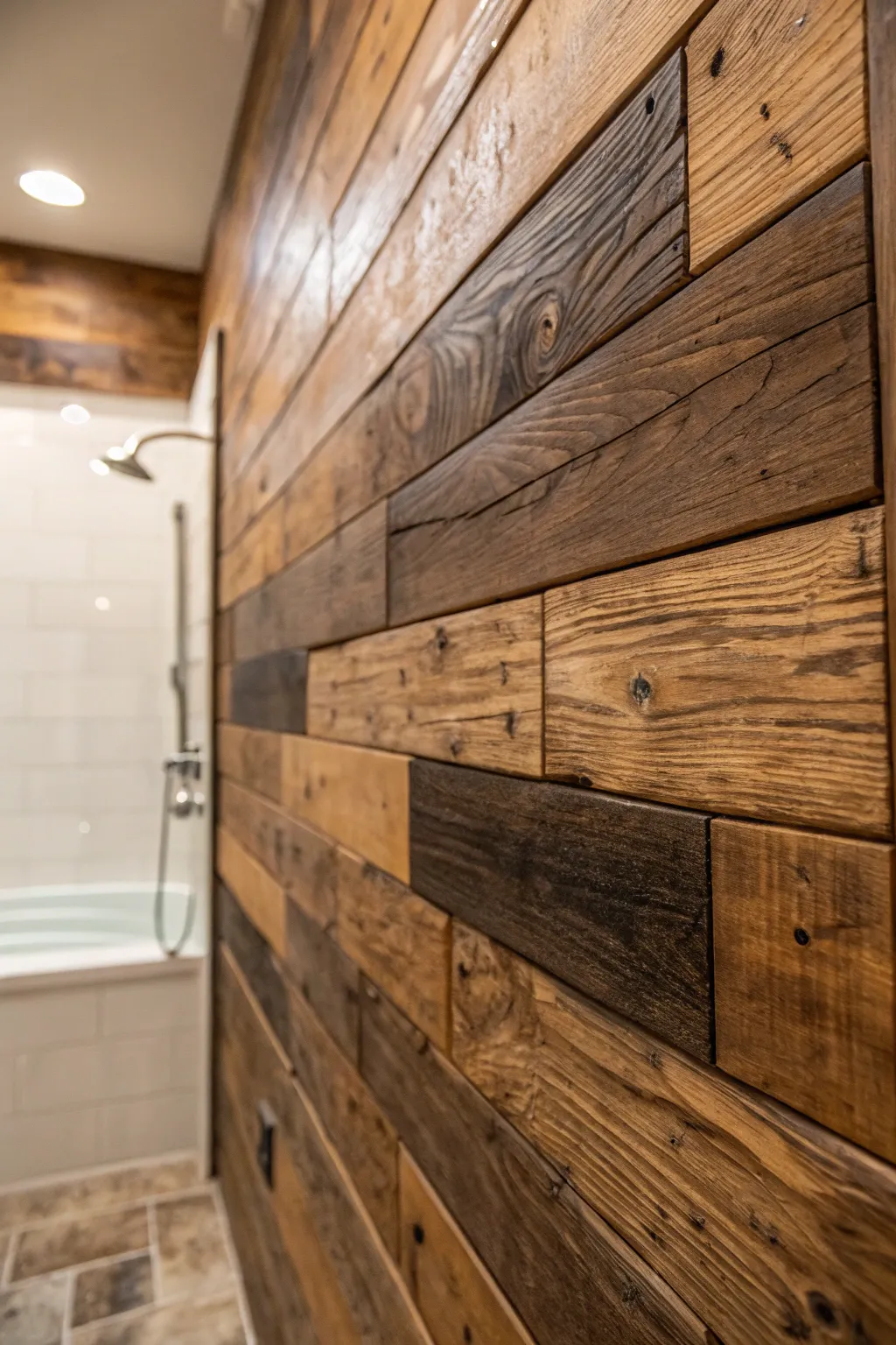 Transform your bathroom with the rustic charm of reclaimed wood shower panels.