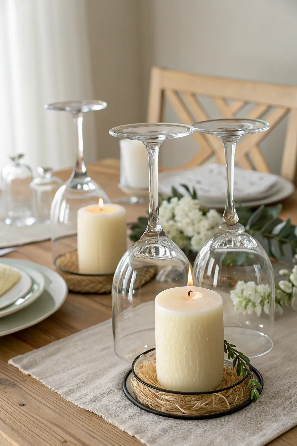 Transform your table with simple elegance: candles perched on wine glasses for a chic, minimalist centerpiece.