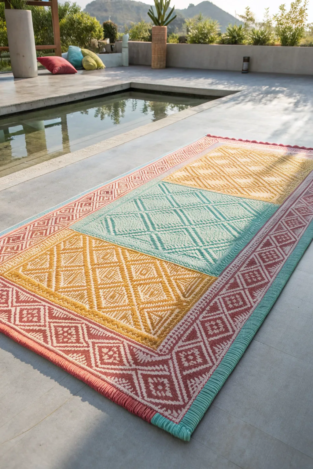 Transform your concrete floor with the vibrant charm of an outdoor rug—simple, stylish, and effortlessly chic.