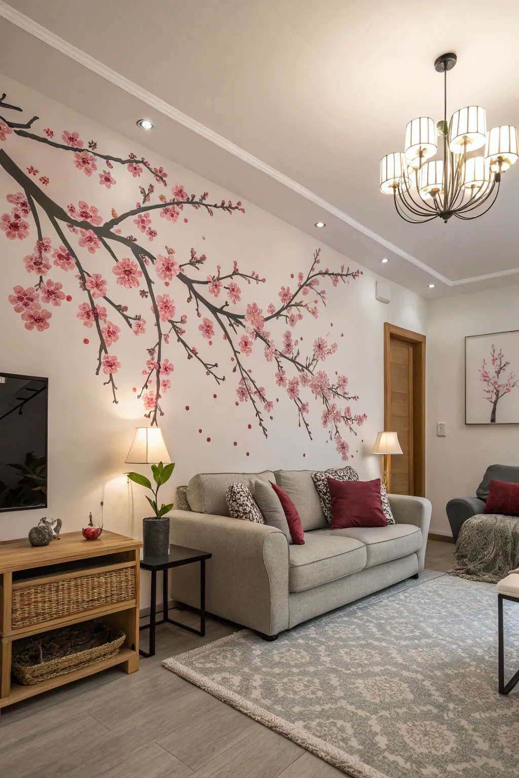Cherry blossom decals transform this living room into a spring haven.