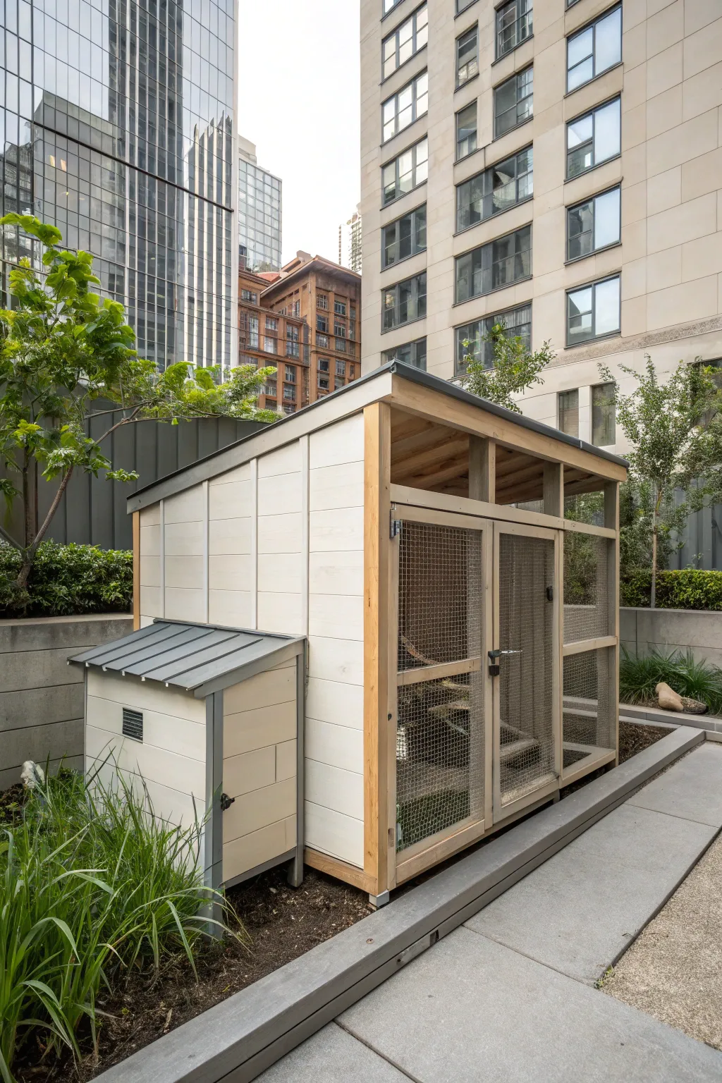 Elevate your urban backyard with a sleek, modern minimalist chicken coop that marries style with functionality.