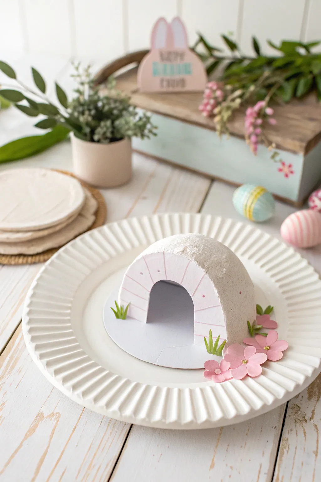 Crafting Easter joy with simplicity and style: A minimalist paper plate tomb for creative little hands.