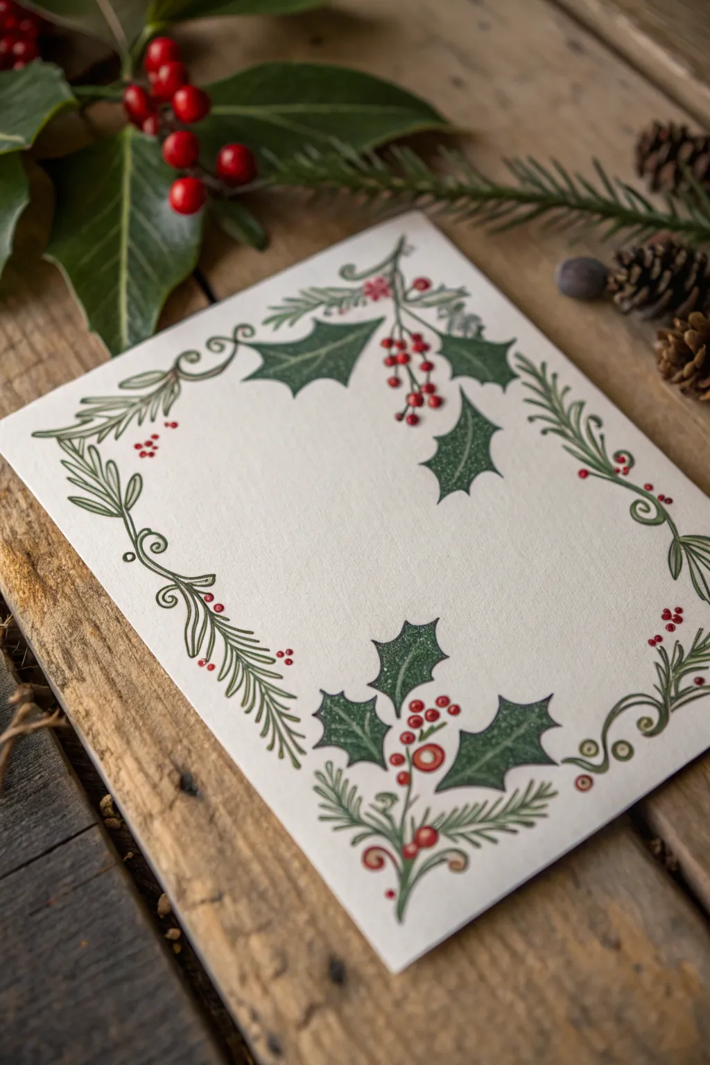 Embrace the serene elegance of holly and ivy for a timeless Christmas card design.
