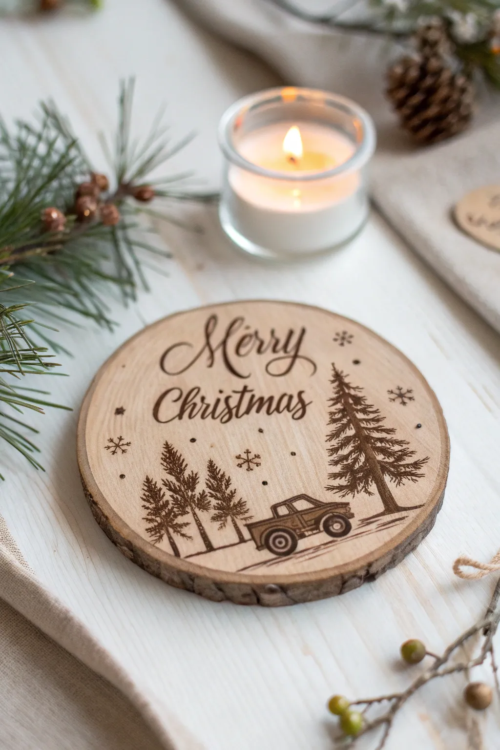Add a touch of natural elegance to your holiday decor with handcrafted wood-burned coasters. #ScandinavianBoho #HolidayCrafts