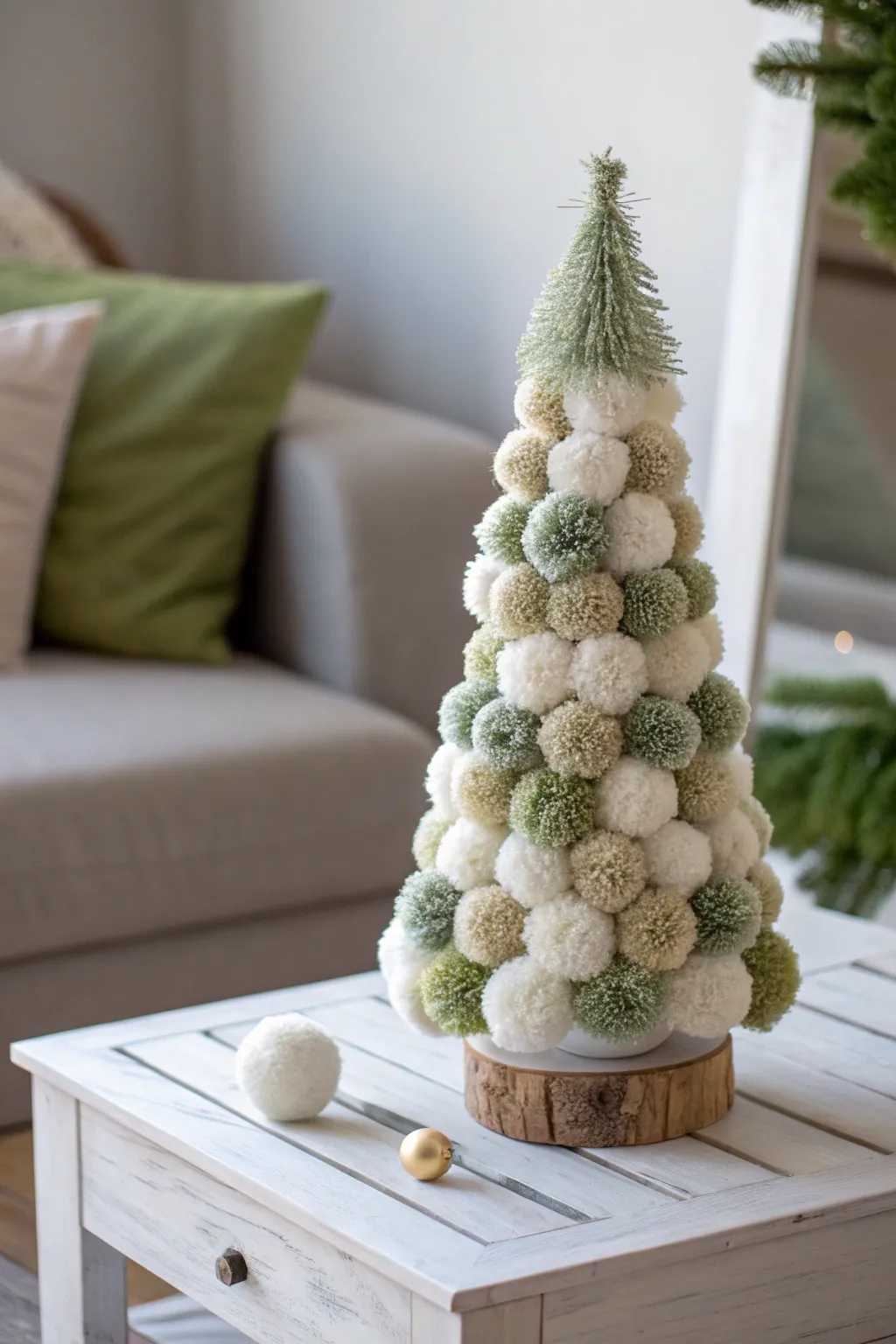 Embrace the cozy charm of minimalist Christmas decor with a handcrafted pom pom tree.