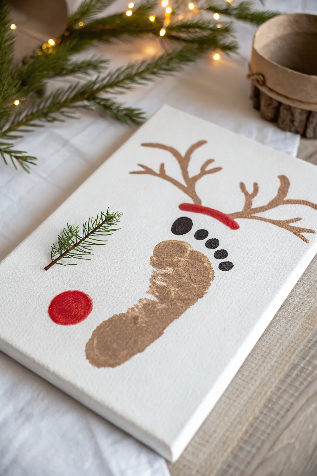 Craft a giggle-worthy Rudolph from footprints—where minimalism meets festive charm!