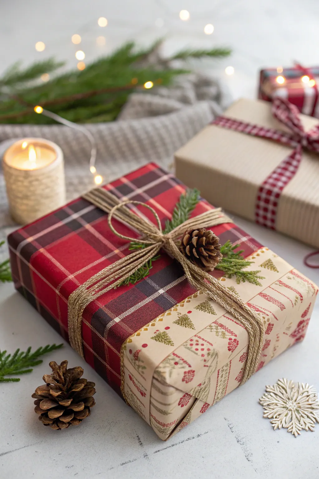 Elevate your gift wrapping with a festive blend of patterns and colors for a touch of minimalist boho charm.