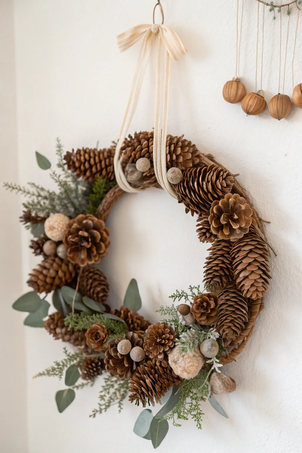 Embrace the serene beauty of nature with this handmade rustic pinecone wreath, a perfect blend of simplicity and elegance for your holiday decor.