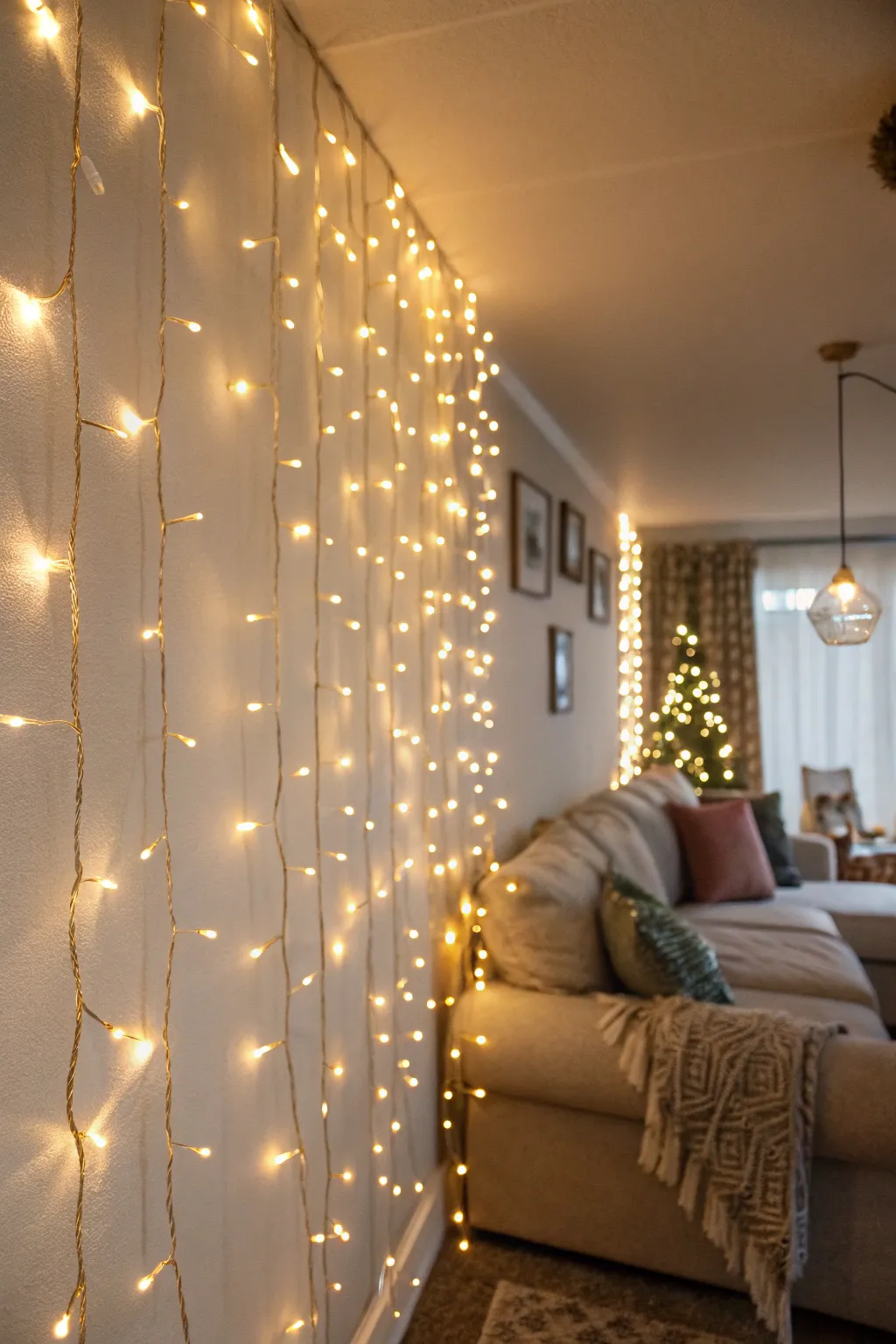 Transform a plain wall into a shimmering focal point with cascading lights.