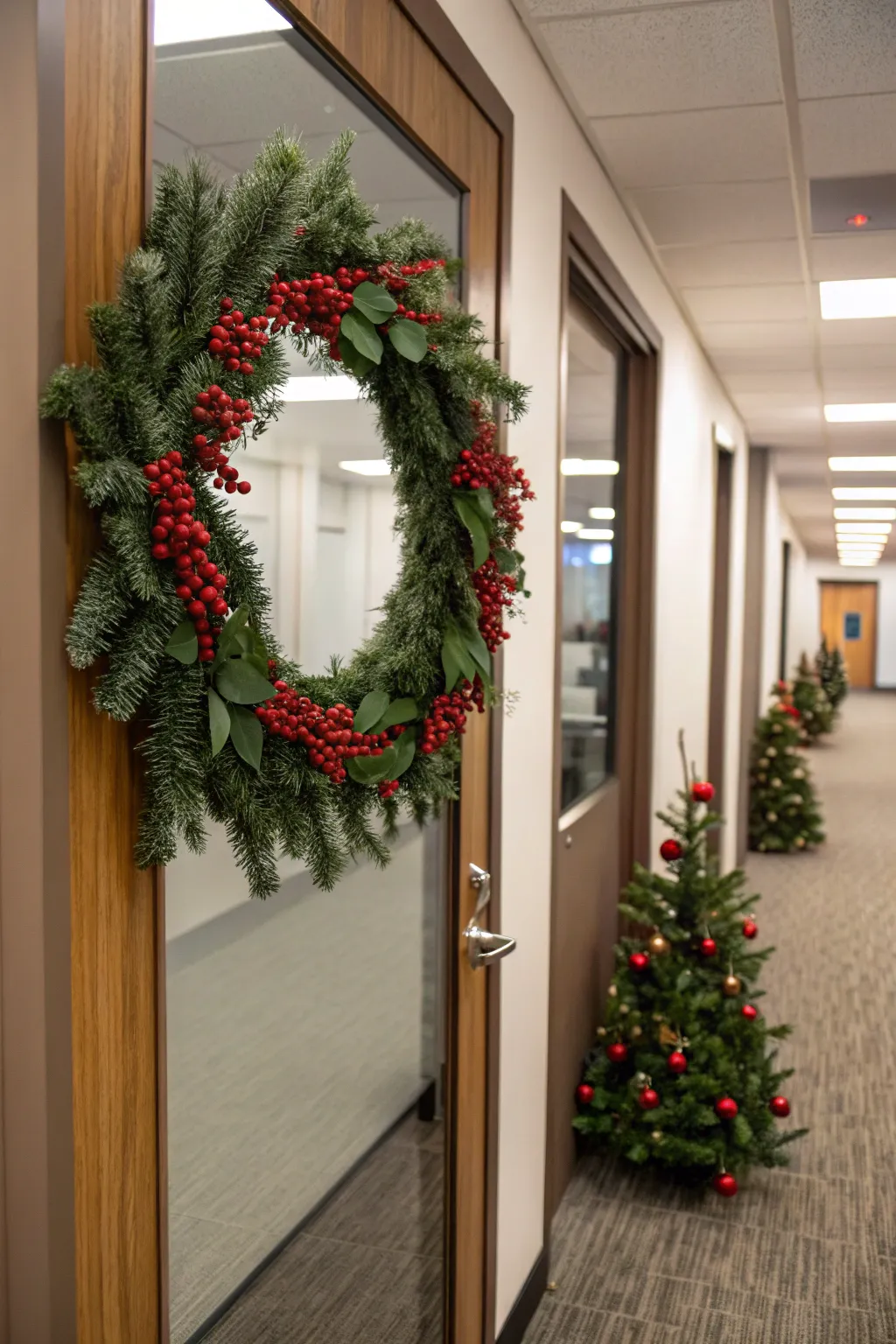 A wreath adds a welcoming touch to any office entrance.