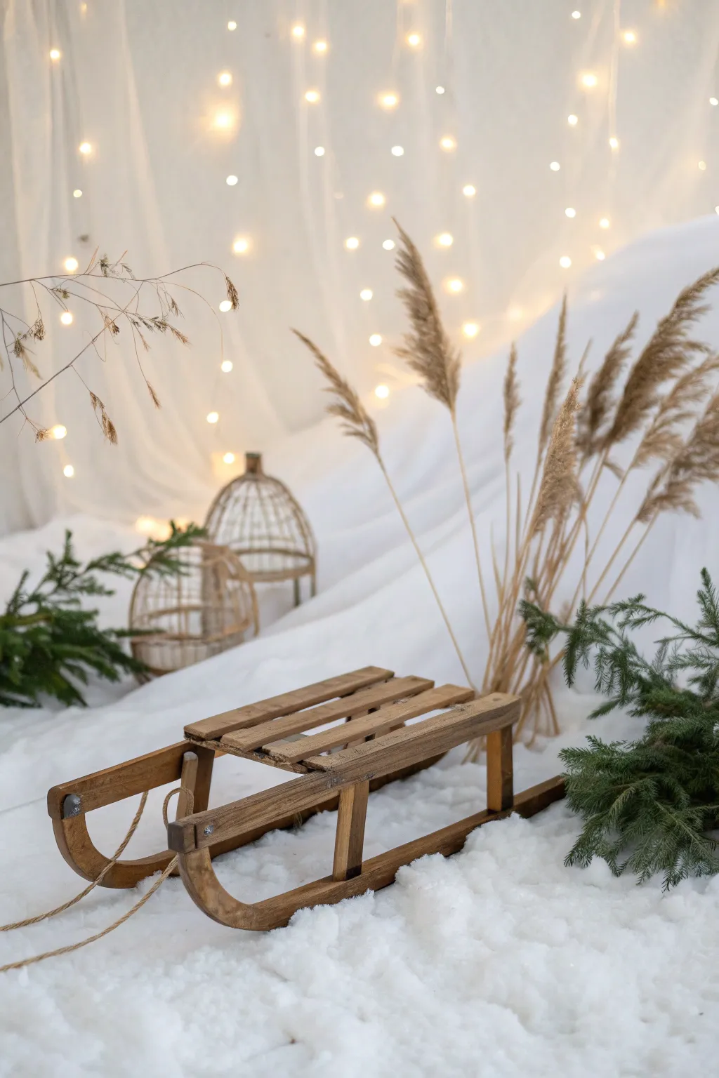 Capture the magic of winter with a minimalist sled in a snowy wonderland setting.