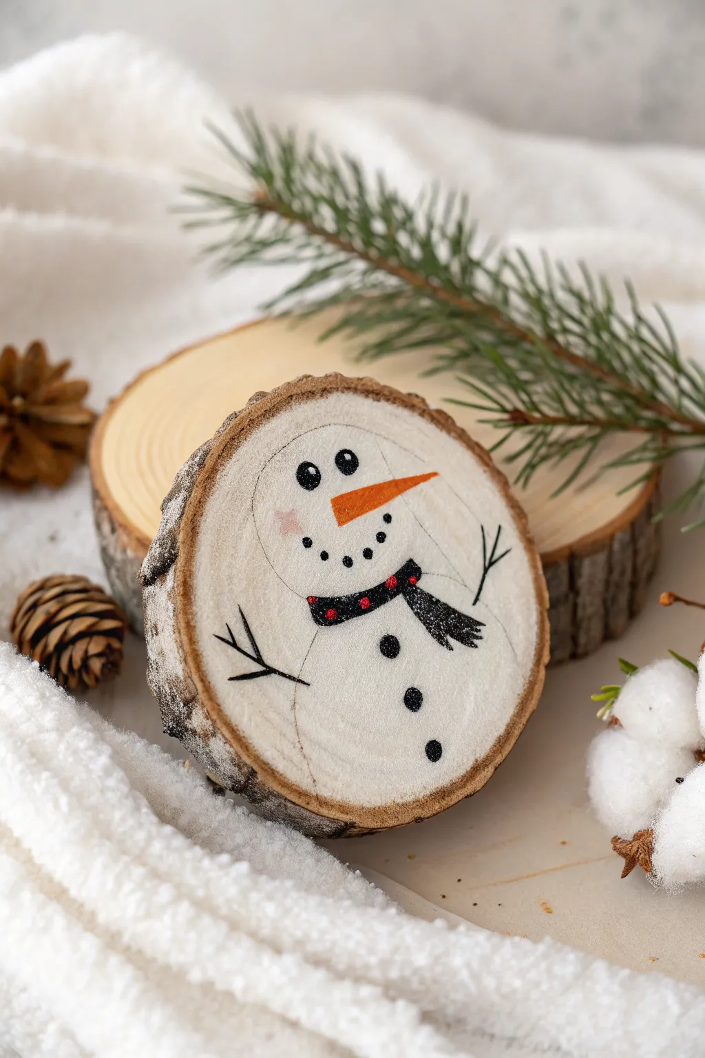 Crafted with love: A rustic wood slice snowman brings nature's charm to your holiday decor.