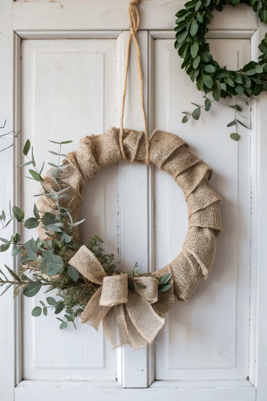 Embrace farmhouse charm with a rustic burlap and twine wreath this Christmas.