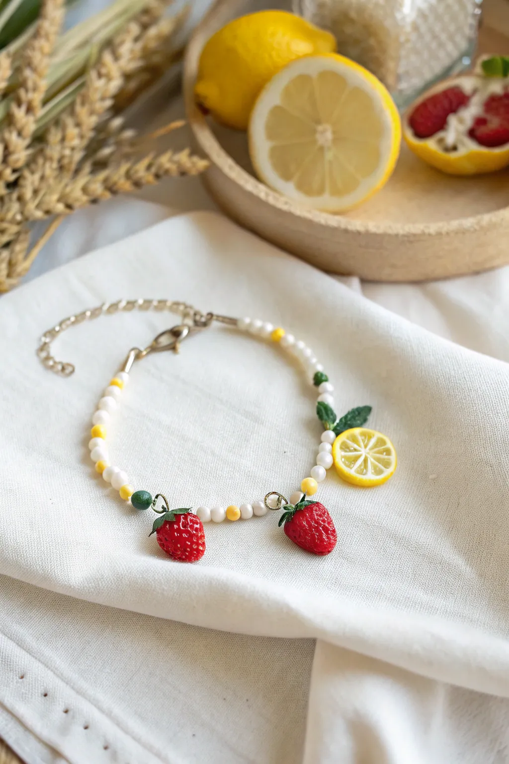 Add a splash of whimsy to your wrist with these charming fruit-shaped clay beads!