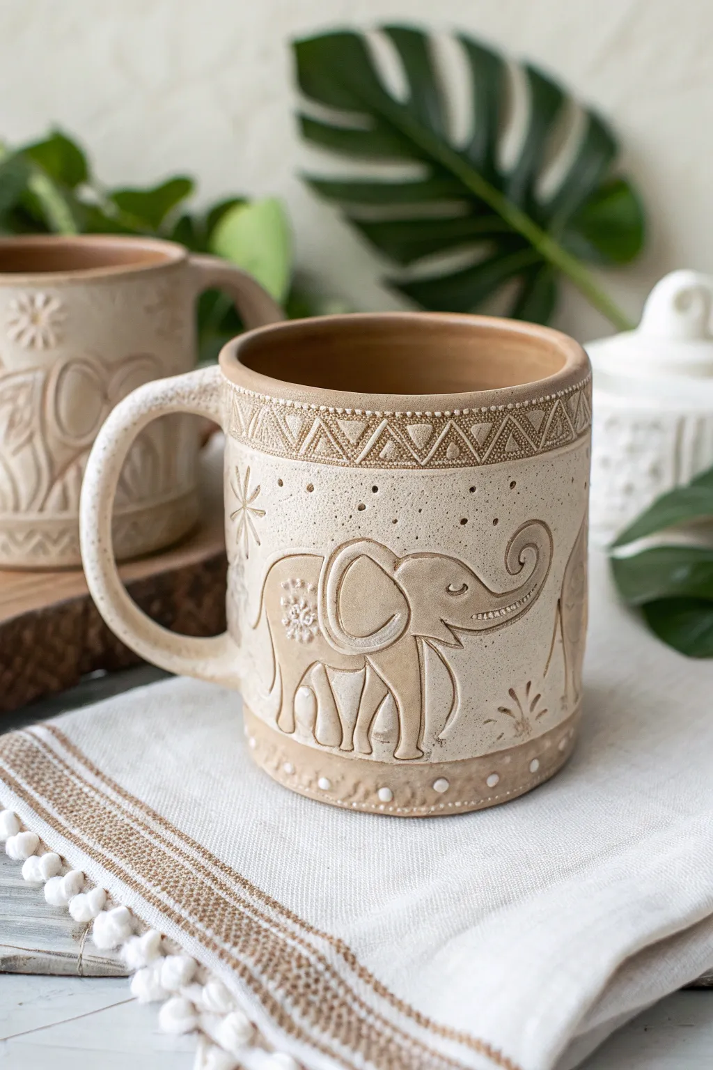 Sip in style with this exquisitely embossed elephant mug, where art meets everyday elegance.