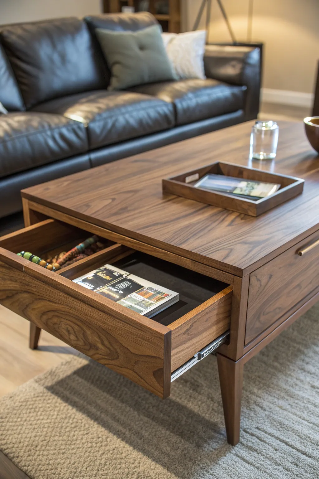 Discover the art of concealment with a beautifully crafted coffee table featuring a secret drawer.