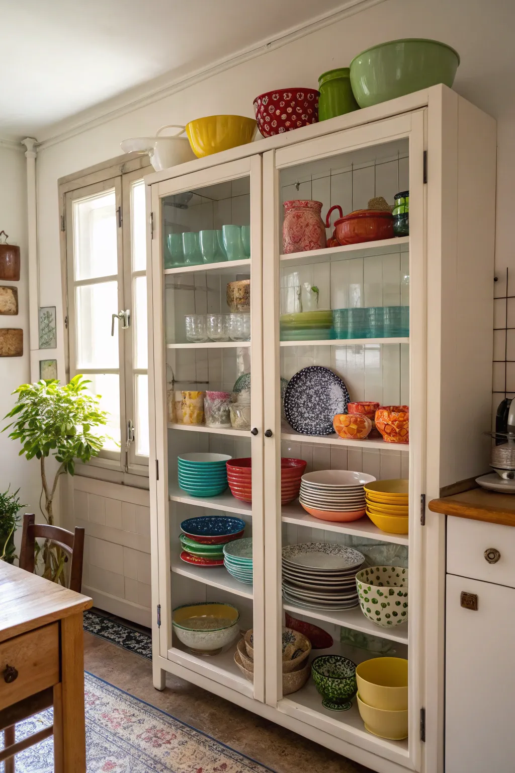 Glass cabinet doors add elegance and openness to a closed kitchen.
