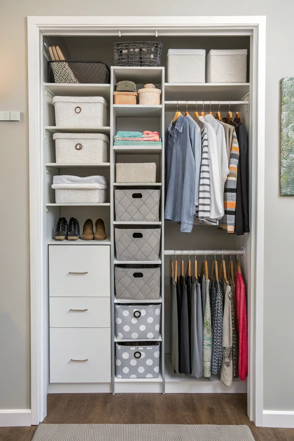 Customizable shelving in a closet for personalized storage.