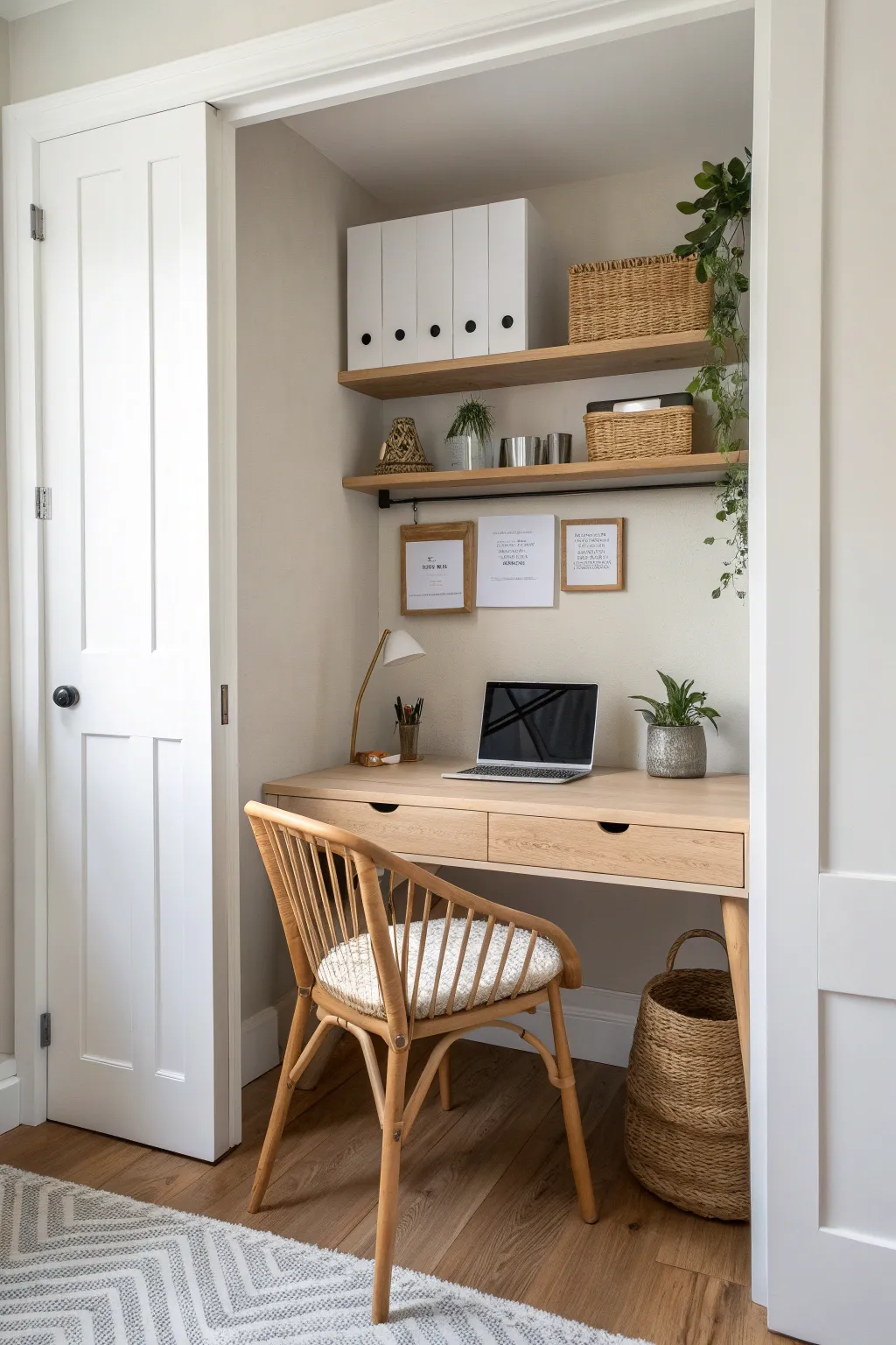 Transform your closet into a serene office hideaway—where productivity meets tranquility.