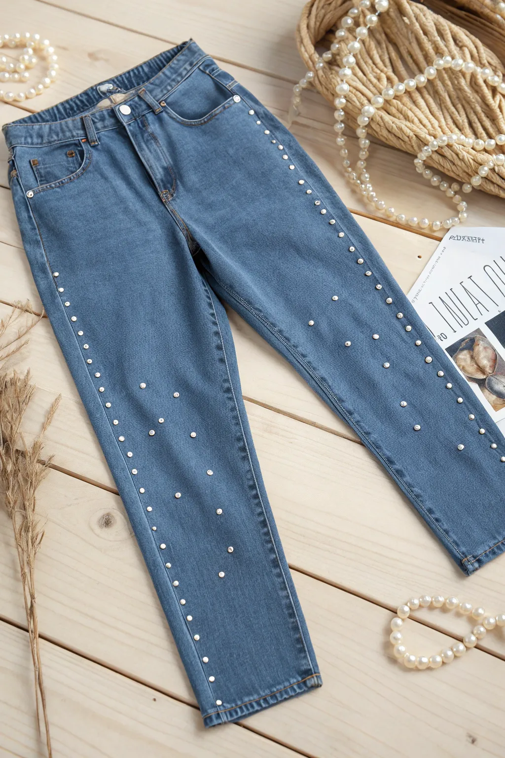 Transform your denim into a chic masterpiece with elegant pearl accents. 🌿✨ #DIYDenim #ScandiBoho
