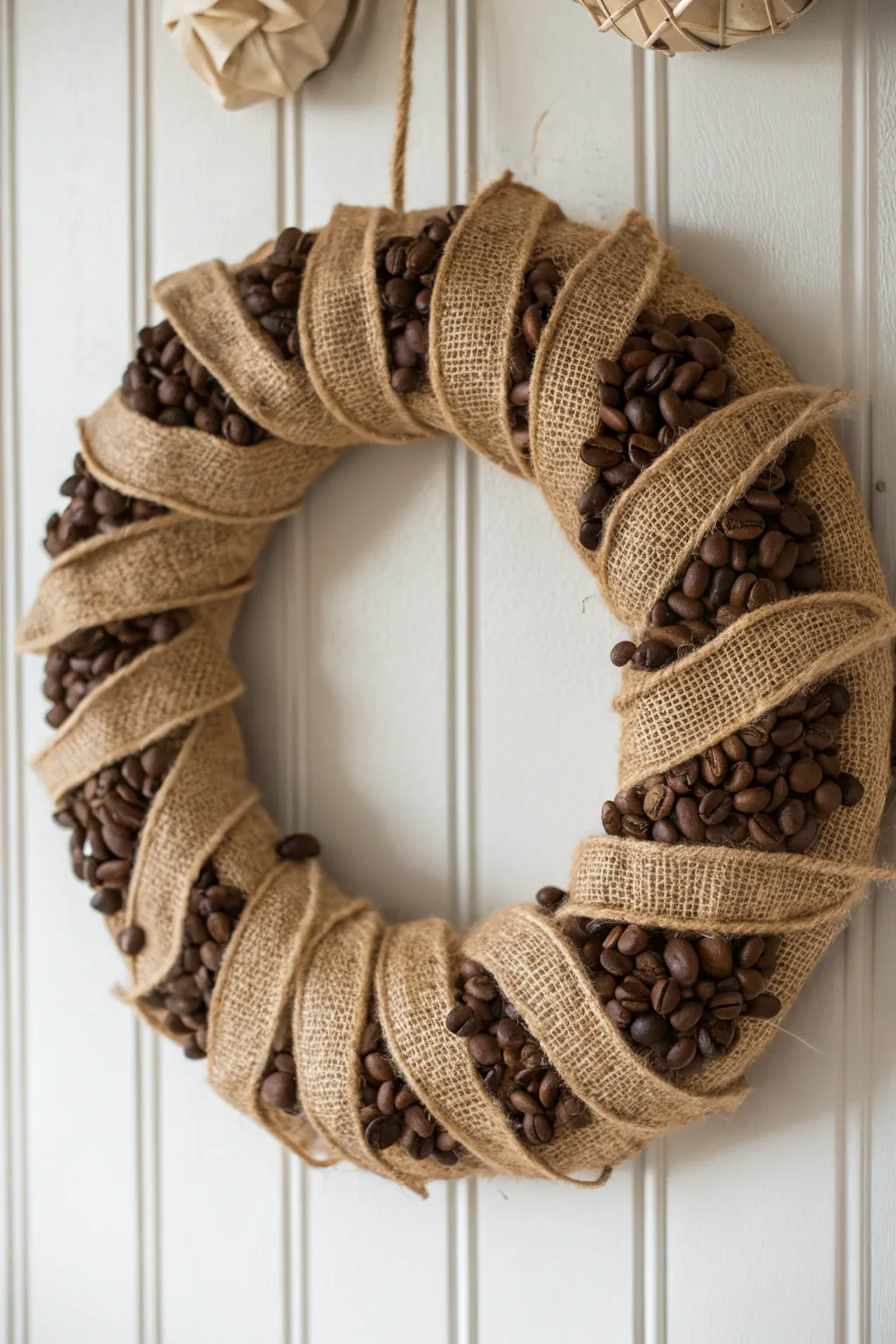 Welcome warmth and aroma with a handcrafted coffee-themed wreath, where simplicity meets natural beauty.