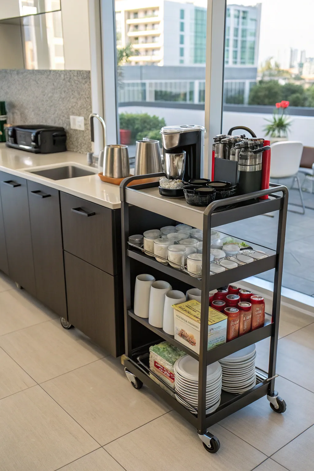 A rolling cart turns any space into a mobile coffee haven.