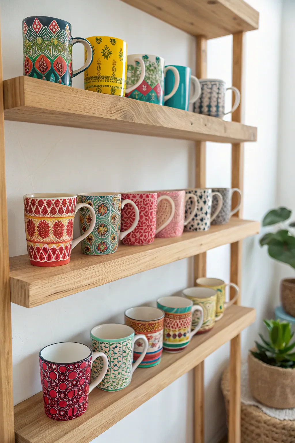 Transform your kitchen with an artful open shelf display of your favorite mugs, where craftsmanship meets minimalist charm.