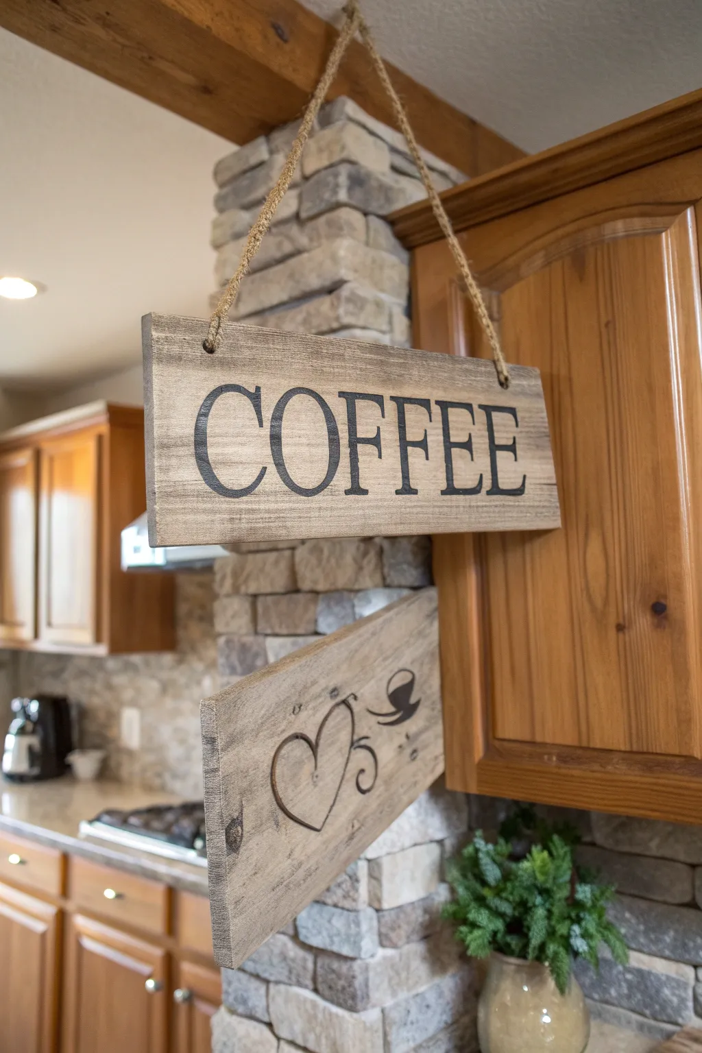 Rustic wooden signs with coffee phrases on a kitchen wall.